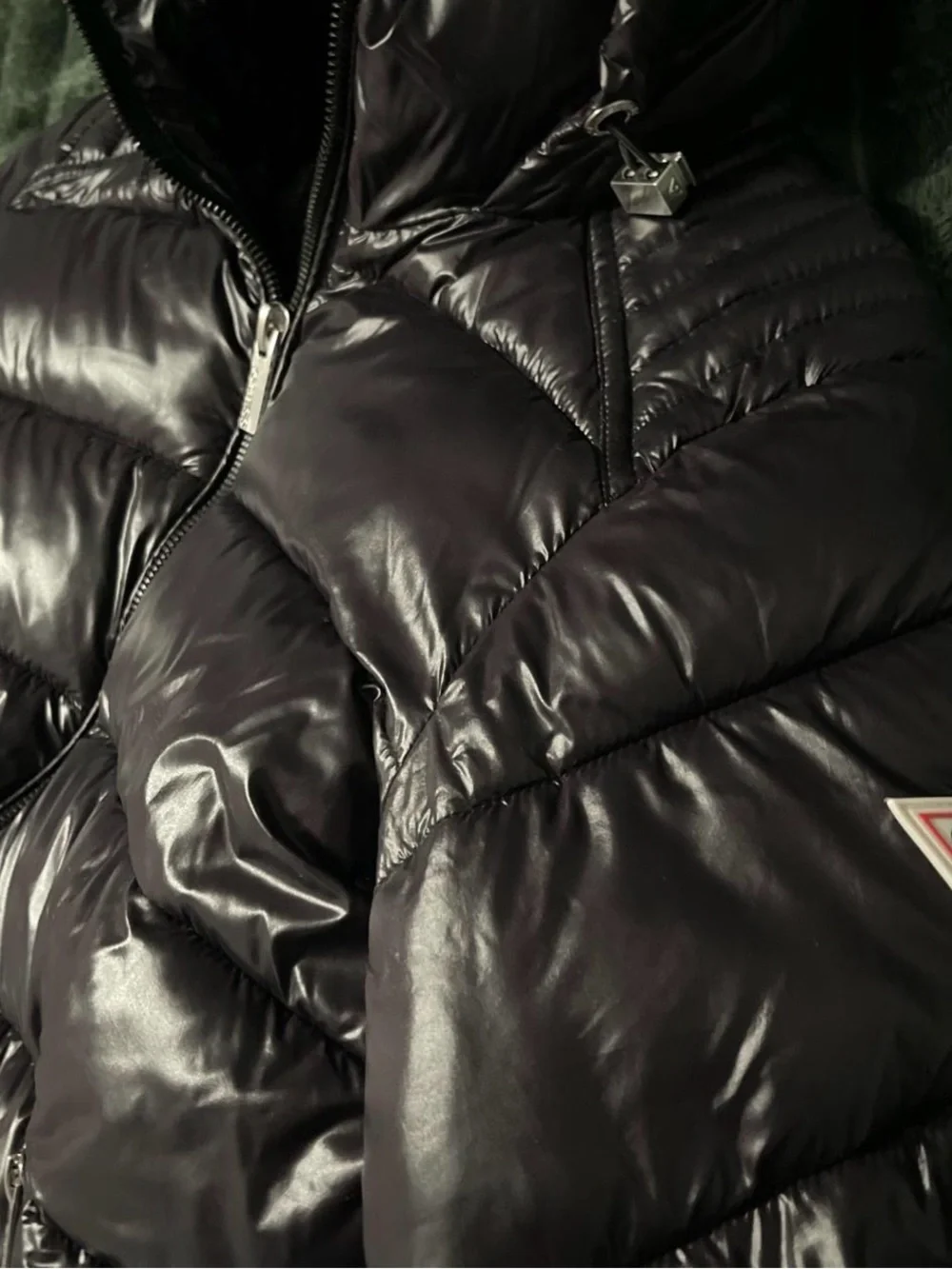 Guess Women Shiny Black Quilted Puffer Jacket with Hood